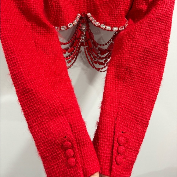 AREA Women Crystal Embellished Crop Tweed Blazer Red Size Small - Picture 10 of 12